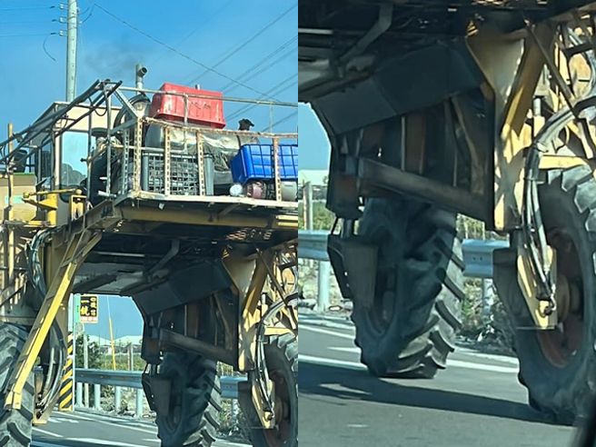 一名网友在路上目击一辆大型机具装上巨大轮胎正在行驶，机具下方还有超大空间让其他车辆「穿过」，专业网友说这是大型农机，通常用作较高大的作物。（翻摄自脸书「路上观察学院」）
