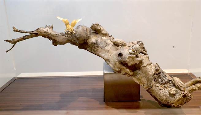 2007年的得奖作品「蜕变」，创作者刘青芳将独角仙下蛋、幼虫、成蛹和羽化成虫的生态在一树枝上写实呈现。（郑任南摄）