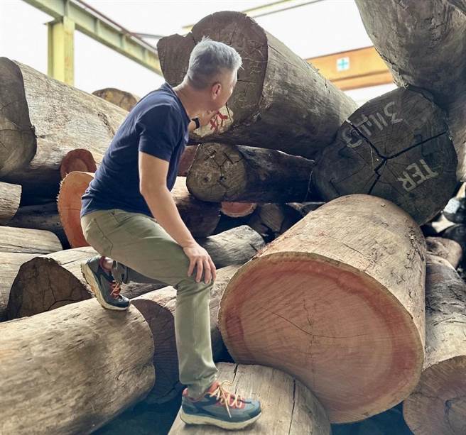 大皆公司负责人李克忠（左）挑选健康原木打造无甲醛建材。（柯宗纬翻摄）