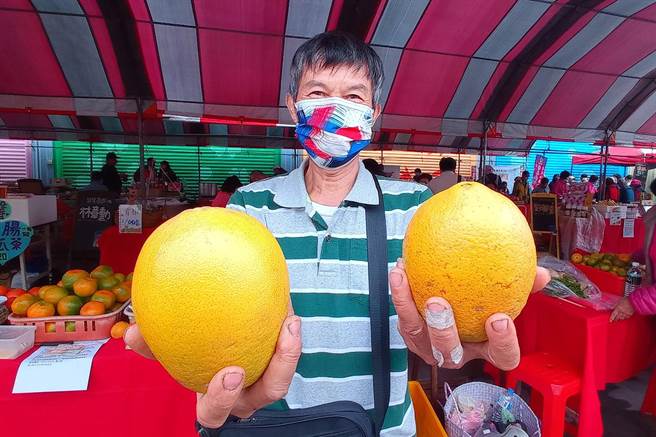 芎林蕃茄节活动，果树产销11班农民黄鸿亮种植的木瓜柳丁，果型硕大，台湾罕见。（罗浚滨摄）