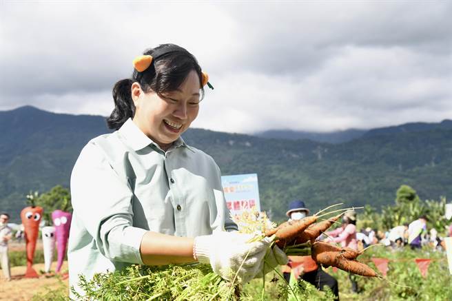 花蓮縣政府與壽豐鄉農會、VDS活力東勢一同在壽豐鄉16公頃的農地，辦理胡蘿蔔契作模式，今舉辦開園，縣長徐榛蔚特地下田與民眾一同享受拔蘿蔔的快感，盼替地方農產業文化開啟新猷。（花蓮縣政府提供／羅亦晽花蓮傳真）