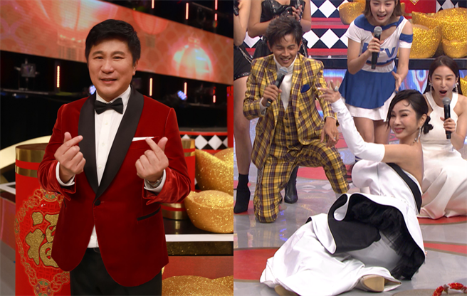 陈美凤（右）挑战火辣地板动作，却被胡瓜亏像刚起床。（民视提供）