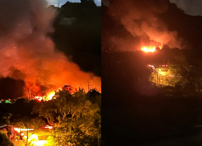 台中太平山上傳出鐵皮屋宮廟火警，現場全面燃燒，黑煙直竄天際，1名66歲男子遭燙傷。（翻攝自臉書我是太平人）