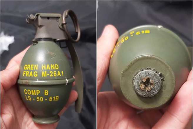 高雄毒虫疑身拥「军用手榴弹」，警急叩8军团带回，鑑识结果出炉！（翻摄照片／林瑞益高雄传真）