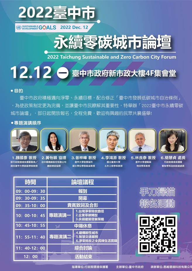 台中市政府永续低碳办公室将举办「2022台中市永续零碳城市论坛」，邀产官学界与市民对话。(中市府提供)