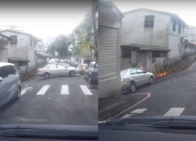 1名驾驶行经新店区国校路时，发现前方轿车1次过弯失败，正当后退再来一次时，疑似打错挡位整辆车急后退撞到一旁民宅。（翻摄自YouTube频道「WoWtchout - 地图型行车影像分享平台」）