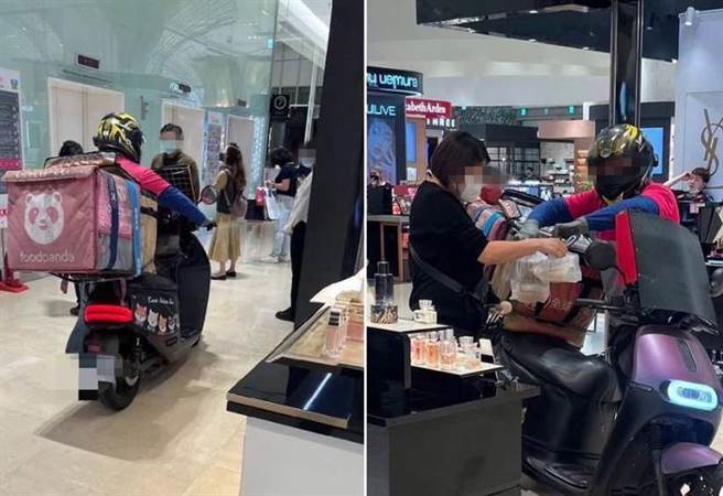 竟然有外送员「牵」电动车进去高雄汉神巨蛋1楼送餐，把餐点交到柜姐手中，引发网友热议。（柯宗纬翻摄）