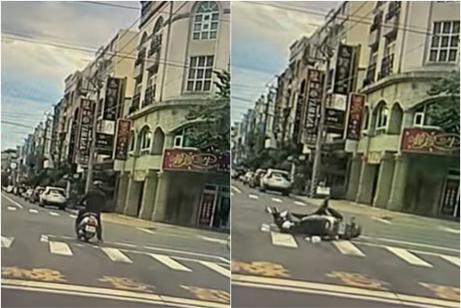待转区惨变「待撞区」！骑士停等红灯做这事，惨被击落翻滚。(翻摄脸书爆料公社)