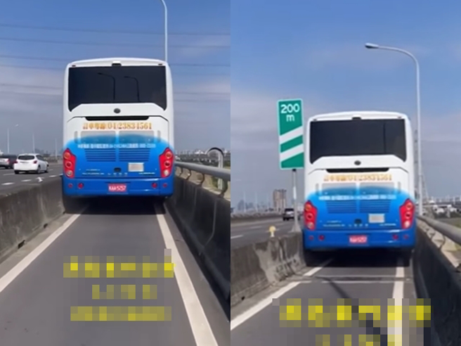 彰化一辆游览车被目击误上高架桥的机车道，狭窄的机车道几乎被游览车塞满，游览车钣金和轮胎不断摩擦护栏，不断起伏摇晃，后方骑士当场看傻。（翻摄自脸书「黑色豪门企业」）