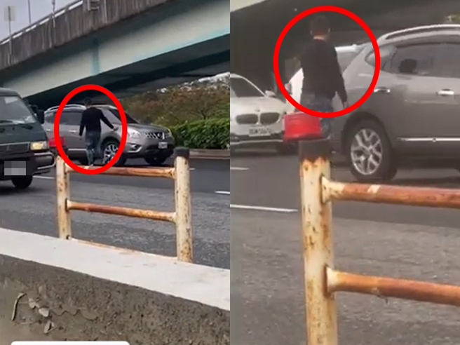 桃园市大兴西路三段上国道2号匝道前道路今（7）早发生一名男子严重酒醉后，竟跑到路中间不断挥手拦车，大货车、轿车纷纷被拦下后赶紧躲开。（翻摄画面）