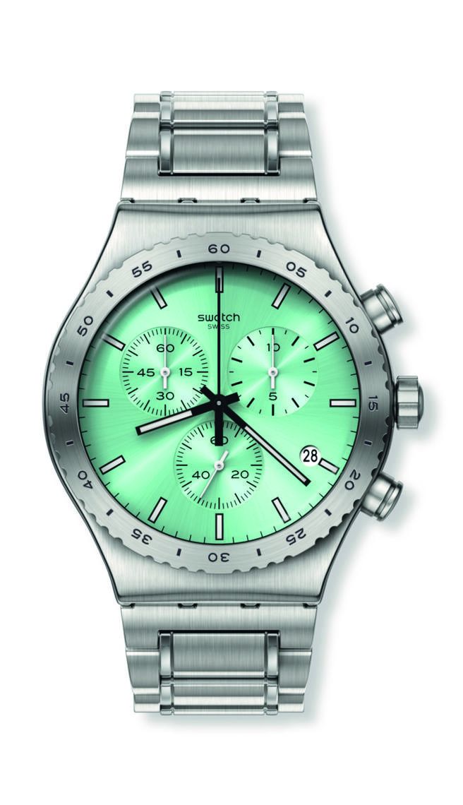 SWATCH NEW IRONY CHRONO-松石绿，6150元。（SWATCH提供）