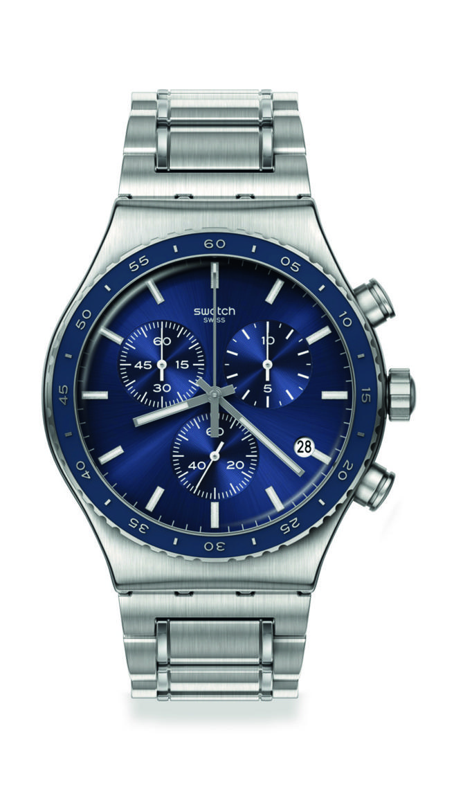 SWATCH NEW IRONY CHRONO沉静蓝 6150元。（SWATCH提供）报导林欣仪