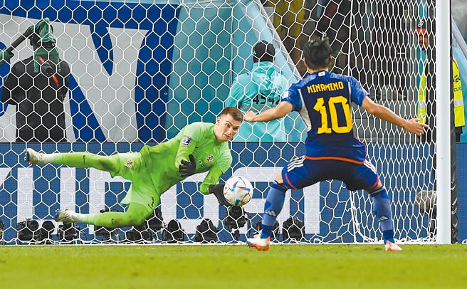 克罗埃西亚门将李瓦柯维奇（左）第1点PK就守下日本南野拓实的射门。（路透）