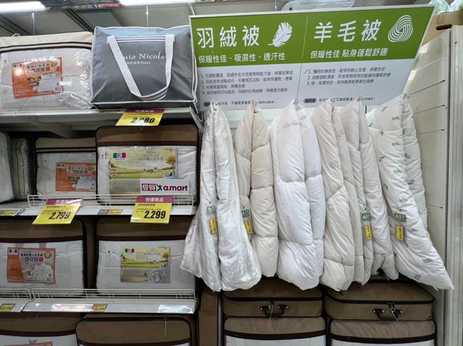 愛買量販石墨烯被、羊毛被、蠶絲被等冬被，單筆購買滿2000元再送200元抵用券。（愛買提供）
