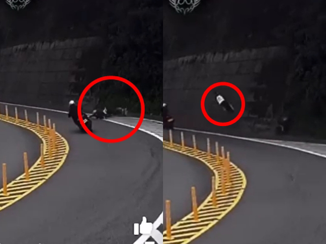 一名骑士日前行经台七乙一处弯道时，因压车角度过低造成自摔，连人带车衝向边坡撞击后，机车当场「沿着边坡」喷飞旋转落地。（翻摄自脸书「重机车友 ❘ 各区路况天气、资讯分享中心」）