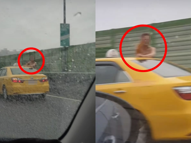 一名网友在国道3号南下，靠近新店交流道处发现前方计程车的车窗内，钻出一名打赤膊男子「坐在车窗」，身体探出来不断比手画脚、疑似还叫嚣。（翻摄自脸书「爆料公社」）