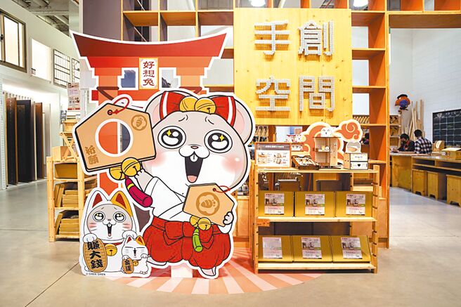 特力屋手創空間攜手LINE貼圖熱門排行常勝軍「好想兔」與夥伴「小賤狗」這次化身居家療癒小物，12月8日起全新4款DIY材料包就在特力屋獨家耍Q開賣！全台九間特力屋門市同步推出期間限定打卡造景（見圖），讓粉絲好運「兔」You一整年！（特力屋提供）