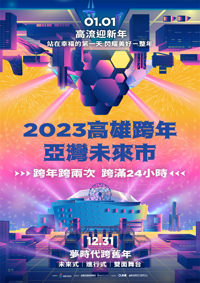 2023高雄跨年系列活动《亚湾未来市演唱会》、《高流幸福式演唱会》将于跨年晚会、元旦接续热闹登场，高市府10日公布此次跨年系列活动主视觉，以多色渐层搭配镜面设计，代表「跨2次嗨2次」。（高市府新闻局提供／洪浩轩高雄传真）