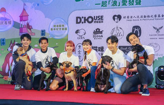 伊林藝人陳邦鋆（左起）、王品澔、孫綻、李杏、李懿、張雁名攜手做公益，為流浪動物發聲。（粘耿豪攝）