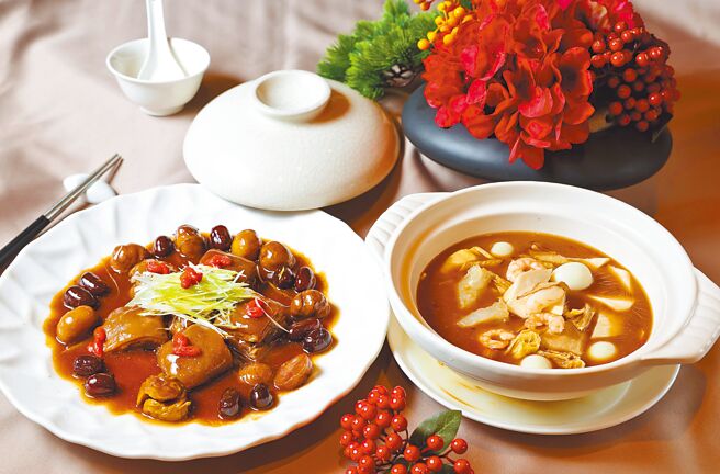 點水樓冬季必點溫補菜色有麻油全家福、栗子紅棗燜羊肉。（陳俊吉攝）