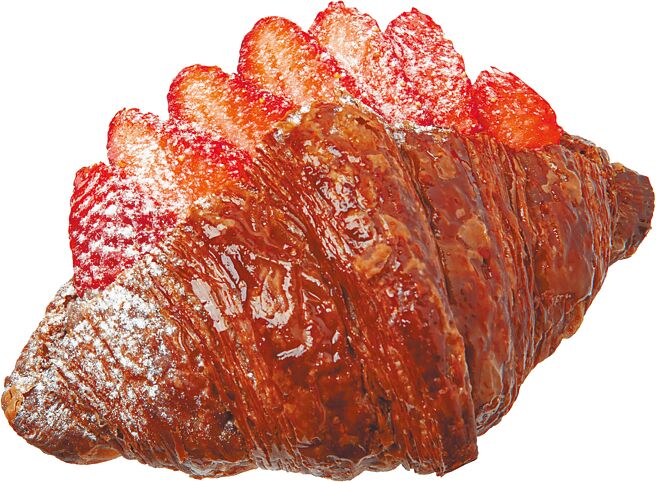 八月堂「草莓戀巧可頌」以草莓酸甜中和巧克力苦甜滿足清爽滋味，69元。（八月堂提供）