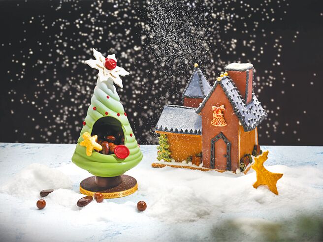 文华饼房推出的「耶诞礼堂」（右）及「巧遇圣诞树」（左），整座甜品都吸睛。（业者提供）