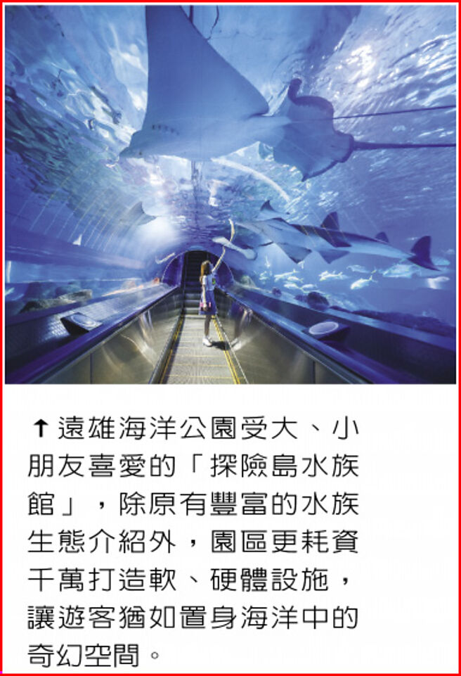 远雄海洋公园受大、小朋友喜爱的「探险岛水族馆」，除原有丰富的水族生态介绍外，园区更耗资千万打造软、硬体设施，让游客犹如置身海洋中的奇幻空间。图／远雄海洋公园