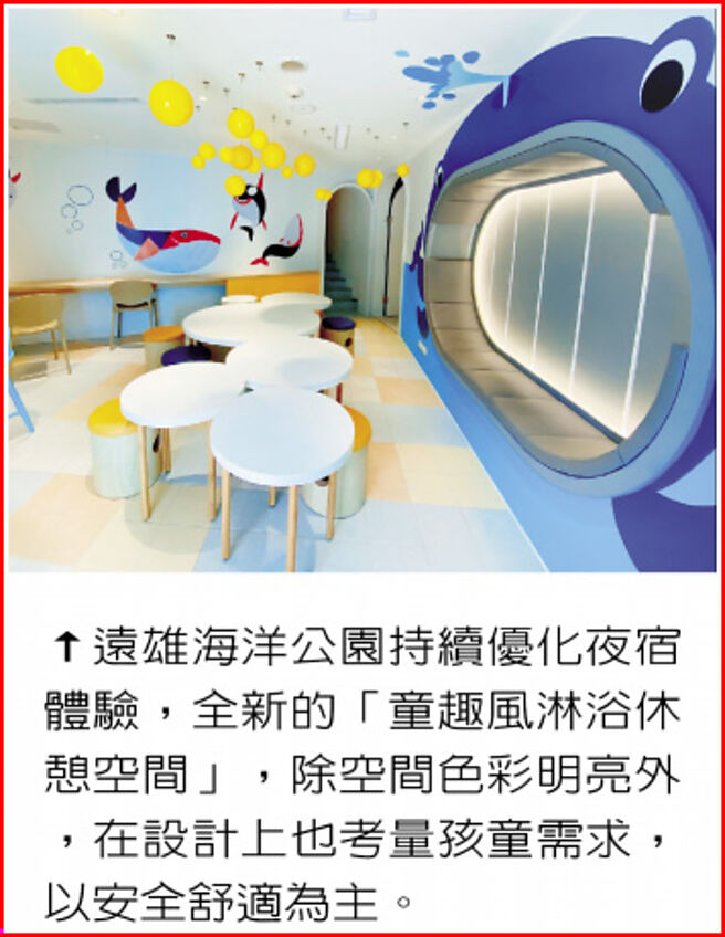 远雄海洋公园持续优化夜宿体验，全新的「童趣风淋浴休憩空间」，除空间色彩明亮外，在设计上也考量孩童需求，以安全舒适为主。图／远雄海洋公园