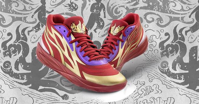 PUMA MB.02 Phoenix外型亮眼，红配金呼应朱雀造型颇具中国色彩。（摘自PUMA微信）