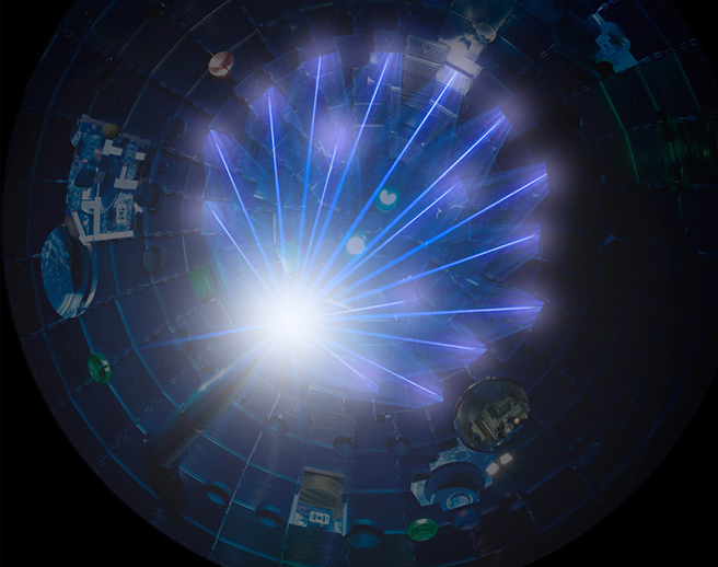 国家点火实验室有192道高能雷射，击打靶室中央的氢燃料颗粒，试图以内爆的方式，引发热核反应。(图/NIF)