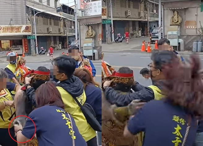 苗栗太玄宫日前举办庙会活动时，信眾拍下乩童起乩时，搧女工作人员巴掌。（翻摄自YouTube@Willian chen）