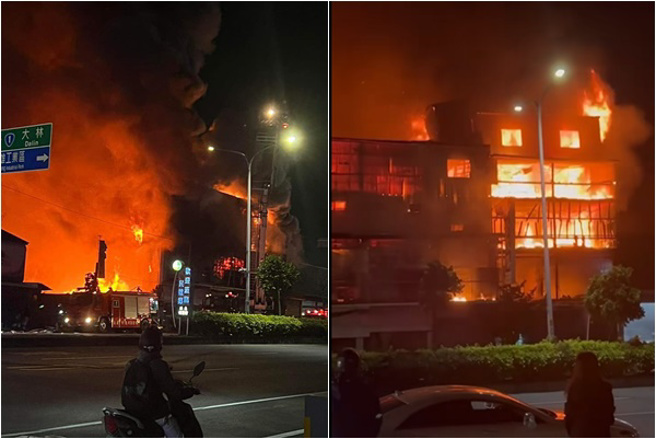嘉义民雄家具行凌晨大火！两栋民宅全面燃烧，浓烟猛窜夜空。(翻摄脸书绿豆嘉义人)