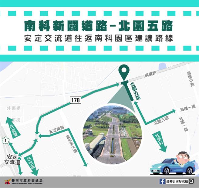 台南市安定区北园五路建议路线。（交通局提供／洪荣志台南传真）