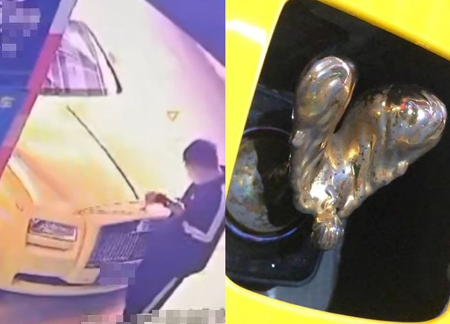 男子经过劳斯莱斯车旁，看到车子上的「女神」竟开始把玩，没想到玩坏了升降系统。（翻摄自微博）