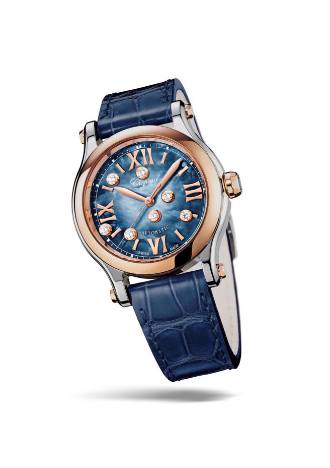 萧邦蓝色系Happy Sport钻表，37万7000。（CHOPARD提供）