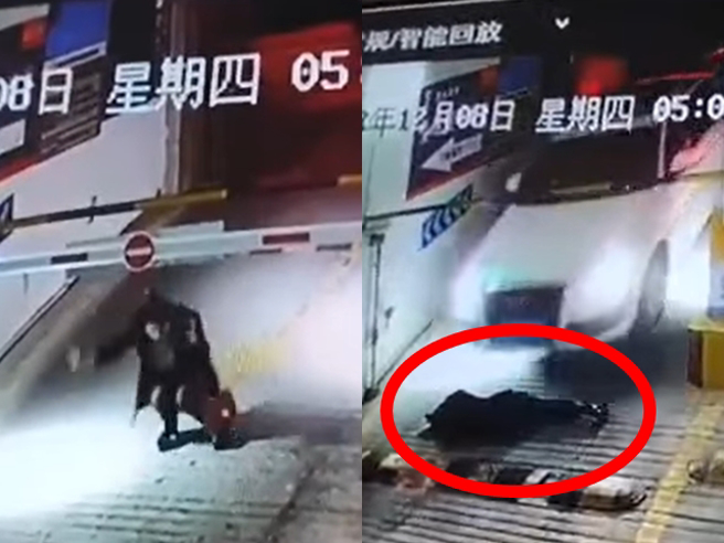 女子疑似酒醉，想穿過地下停車場的入口柵欄，但不慎跌倒後竟直接躺在路中呼呼大睡，10秒後一輛休旅車進入停車後，當場把女子輾過。（翻攝自臉書「重機車友❘各區路況天氣、資訊分享中心」）