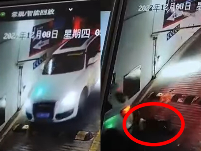 女子疑似酒醉，想穿過地下停車場的入口柵欄，但不慎跌倒後竟直接躺在路中呼呼大睡，10秒後一輛休旅車進入停車後，當場把女子輾過。（翻攝自臉書「重機車友❘各區路況天氣、資訊分享中心」）