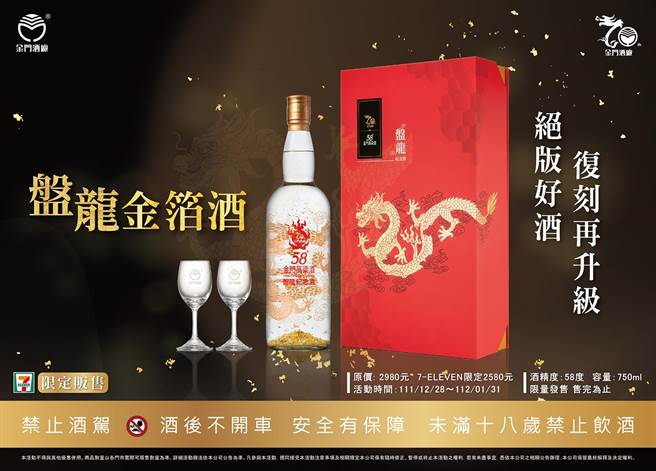 「金门高粱酒盘龙金箔酒」为金门酒厂建厂70周年系列商品之压轴绝响，售价2580元。（欣临企业提供)
★《中时新闻网》关心您：饮酒过量，有碍健康。酒后不开车，安全有保障！