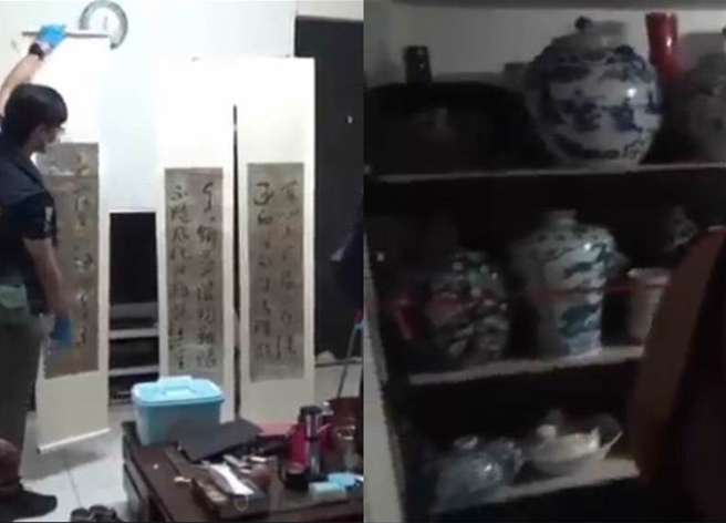 警方查扣到大批古董、字画等赃证物。（翻摄照片／林郁平台北传真）