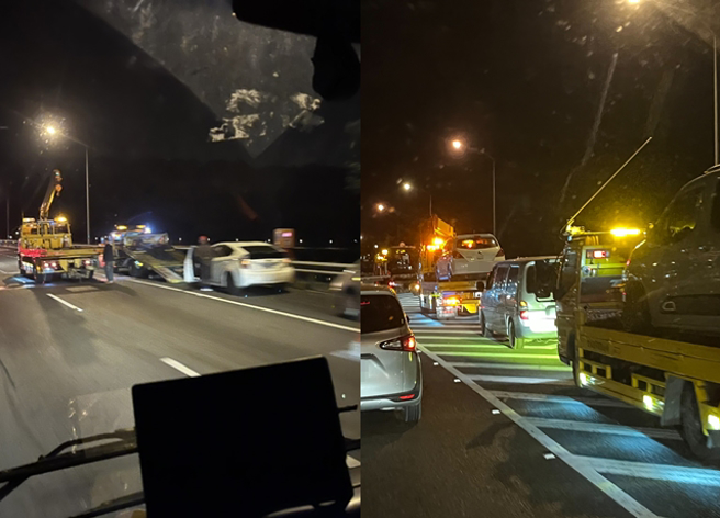 國道6號西行線17K晚間發生多部車輛爆胎，無法繼續行駛，駕駛停路肩待援。（民眾提供）