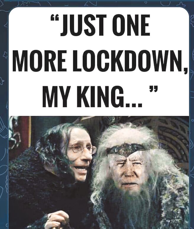 全球首富、特斯拉創辦人馬斯克在推特上貼出哏圖，圖裡白宮首席防疫專家佛奇俯身貼在美國總統拜登耳邊對他說「再一次封城，我的國王」（Just One More Lockdown,My King...）。（摘自馬斯克推特）