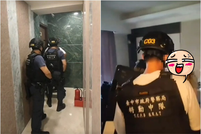 攻堅畫面曝光！龍井毒窟遭搗，警破門驚見裸身同床男女超尷尬。(翻攝畫面)