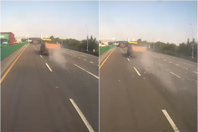 國1砂石車「碎石噴飛」成石頭雨，後方8車慘遭襲，嘆：想閃都沒得閃。（翻攝臉書職業聯結車職業大貨車職業大客車拉拉隊運輸業照片影片資訊分享團）
