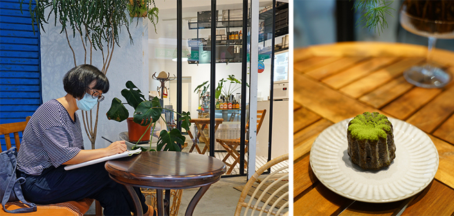 拿笑洋行Nachill 店面藍白配色搭配綠葉植栽，給人明淨、清新感。(攝影/Cindy Lee)
