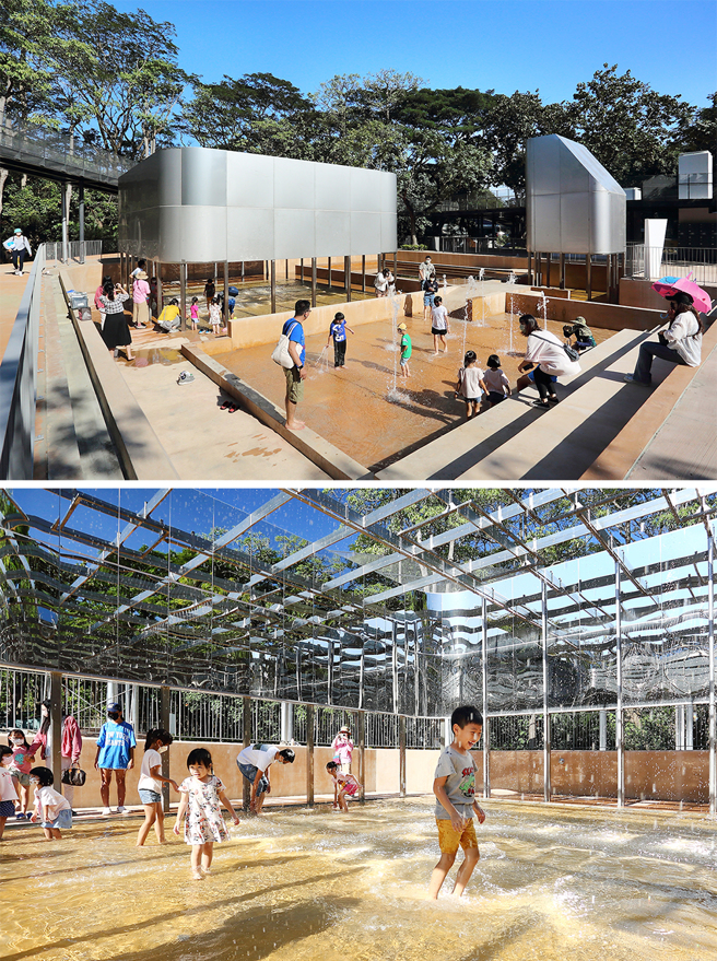 親水廣場日前開放試玩，讓孩子們玩得不亦樂乎，多種水池與噴水設備，將高雄的夏日暑氣一掃而空。(攝影/Carter)
