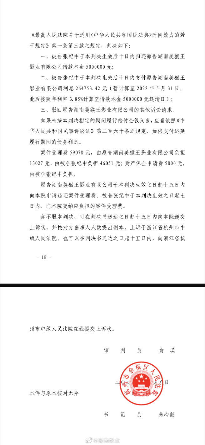 判决结果张纪中需赔前妻500万元人民币。（图／微博）