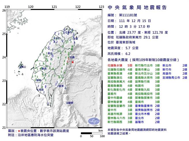 中午12点03分，花莲县政府东南方 29.1 公里发生氏规模6.2级地震。（嘉义市消防局提供∕吕妍庭嘉义传真）