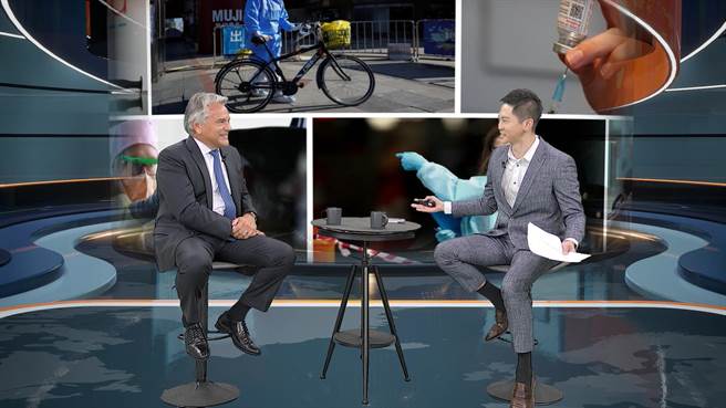 王显瑜日前专访莫德纳全球资深副总裁派翠克柏格史托特。（镜电视提供）