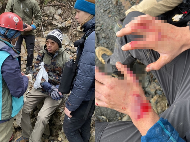玉山主峰发生落石砸伤5人，现场画面曝光，只见山路布满大大小小的碎石，其中一名男子头部遭砸伤，倒在路边链条上疑似已失去意识。（翻摄画面）
