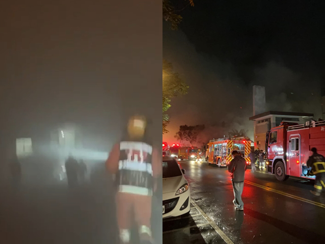 林口区工四路今（15）晚8时许，发现一处2层楼钢铁焊接工厂突起火，浓烟四窜，燃烧弹簧床等杂物约7坪，火势在9点许熄灭。（翻摄画面）